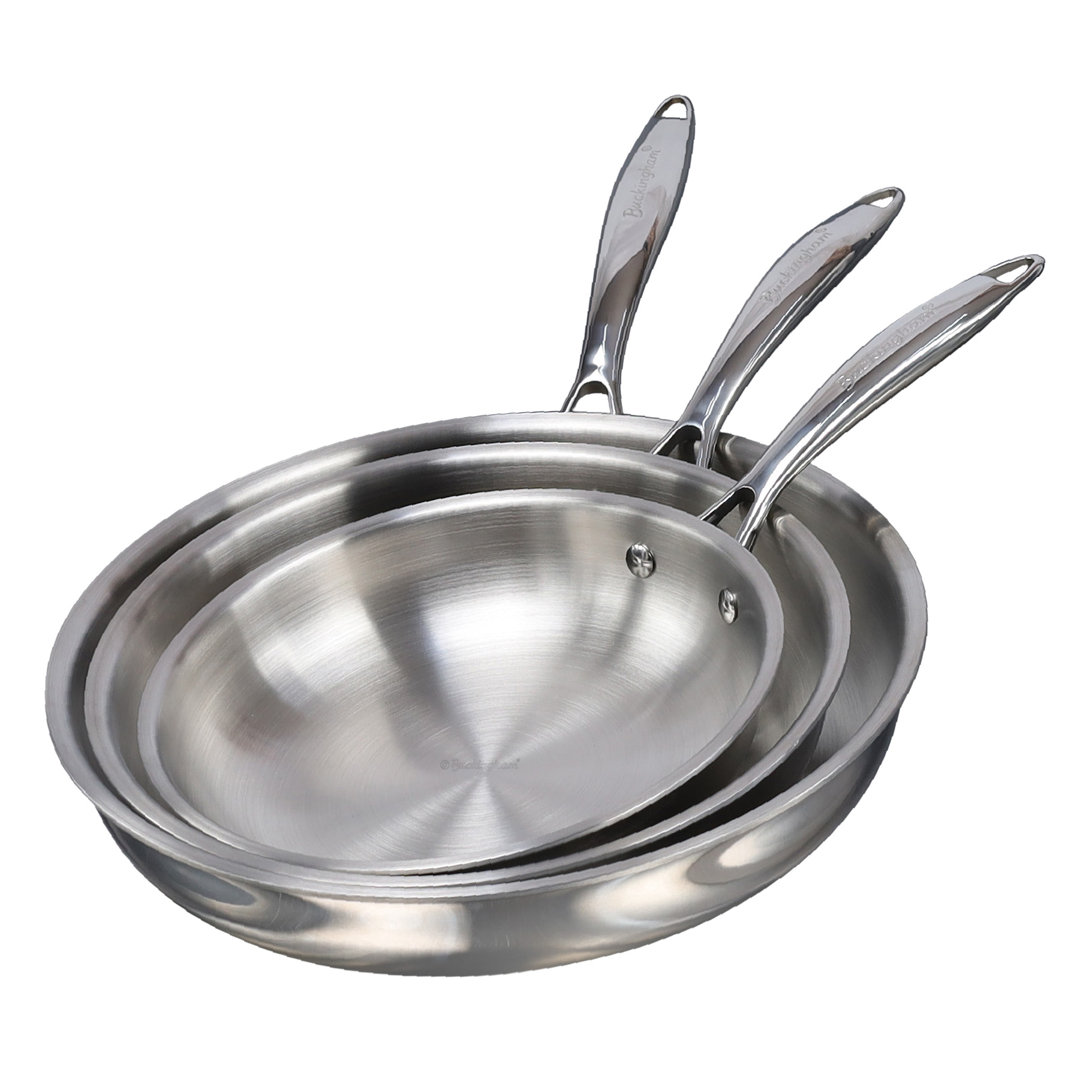 Buckingham Elite Tri-Ply 18/8 Stainless Steel Frying Pan Set Of 3 Uncoated Skillet Pan