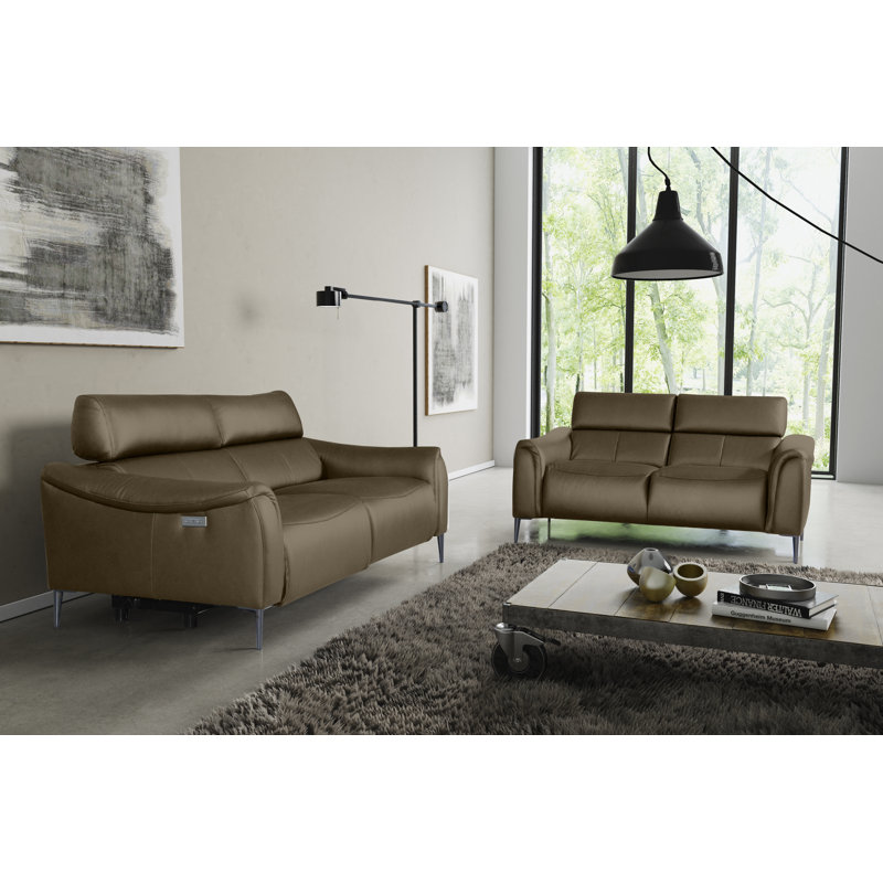 164 cm Genuine Leather Pillow Top Arm Reclining Sofa, Mocca