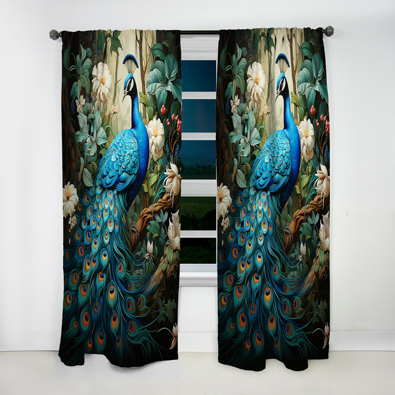 Teal Peacock Monochrome - Peacock Velvet Blackout Animal Print Curtain - 1 Panel, 52" W x 95" L