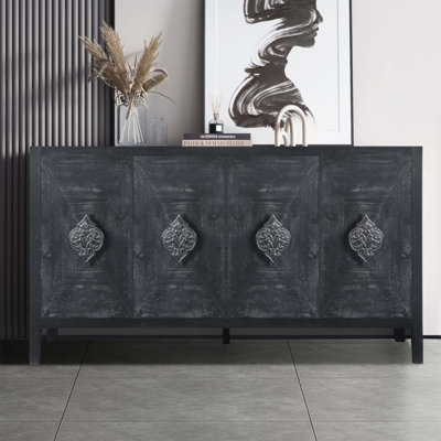 Carved Flower Door Handle Four Door Cabinet for Elegant Living Room, Kitchen, and Hallway Storage