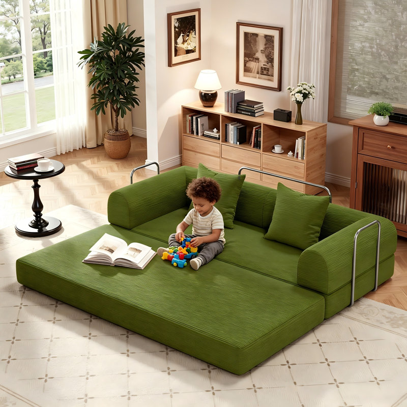 78.8'' Modular Corduroy Sofa Bed with 2 Pillows, Convertible Floor Couch for Living Room & Bedroom – No Assembly, Compression Sofa in a Box