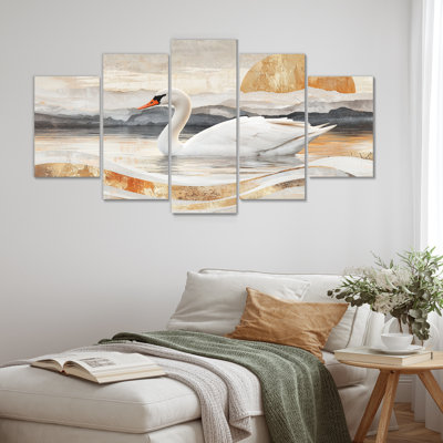 Coucher de soleil sur les reflets de l'élégance II - Art mural animal cygnes - Art mural moderne pour le salon 5 pièces