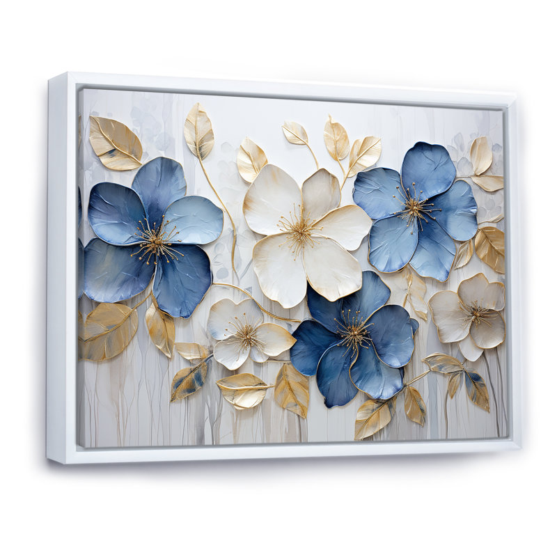 «Blue and Gold Adorned Violets III - Violets», reproduction sur toile, H 34 po x l 44 po x P 1,5 po, Cadre flottant blanc
