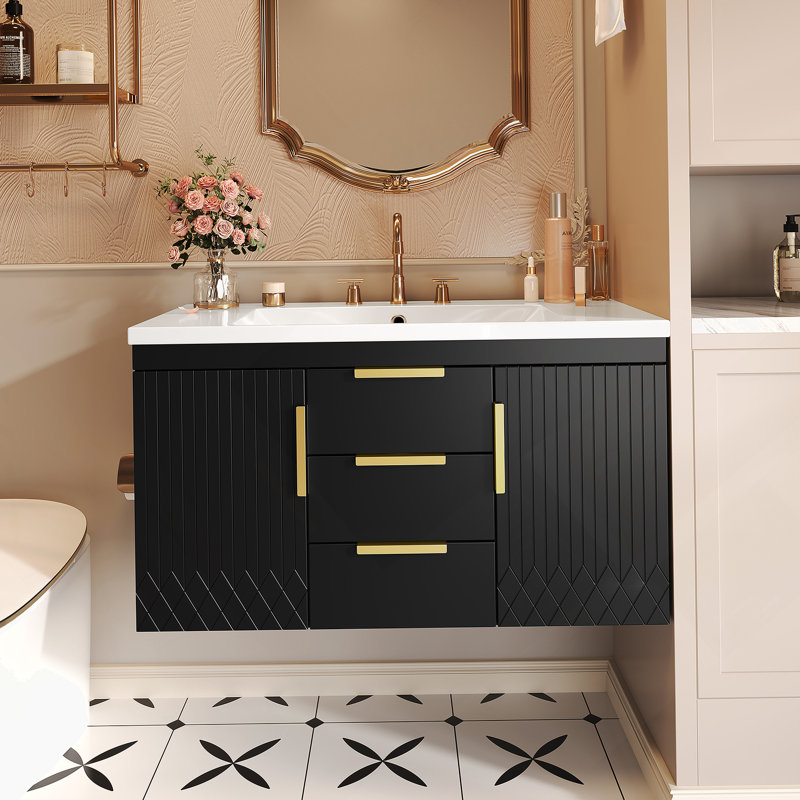 36" Wall Mounted Bathroom Vanity with Resin Sink, Floating Storage Cabinet, and 2 Drawers for Modern Bathrooms, Black