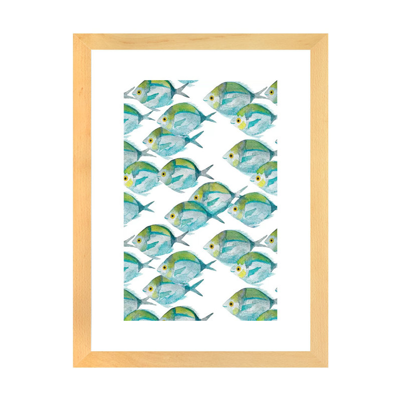 Motif de poissons - imprimé, Papier avec cadre beige, Blanc, H 32 po x l 24 po x P 1 po