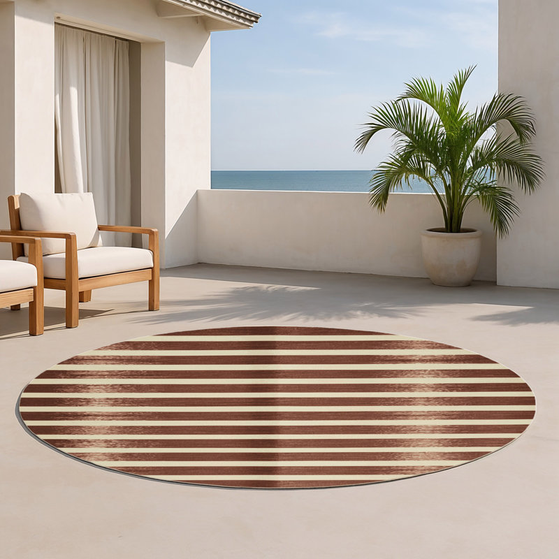 HorizontalStripes Brown Indoor and Outdoor Area Rug, Round 5'