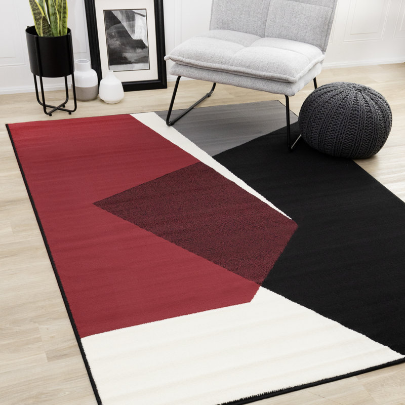 Fresno Bold Geometric Red Black White Rug, Rectangle 5'3" x 7'5"