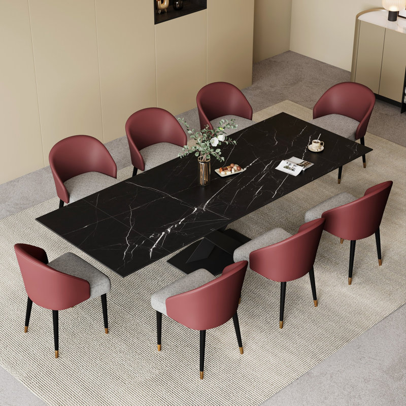 Ensemble de salle à manger extensible en pierre frittée 94,48 po avec 8 chaises en cuir Russile, Noir, Rouge / gris