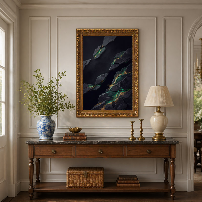 Art sur toile, fissures de pierre foncée avec veines vertes brillantes et poussière d'or, 24"H x 16"W
