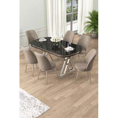 Ensemble de table et chaises de salle à manger moderne 7 pièces, marbre noir et chrome, 66,1 po x 29,9 po x 35,4 po | Panneau 100% laqué, pieds en métal, tissu BabyFace, mousse de dossier confortable à 22 po et mousse de siège à 28 po | Parfait pour la nouveauté et le design d'hôtel