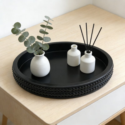 Modern Oval Decorative Tray With Wood Bead Trim, Farmhouse Rustic Serving And Display Tray For Table Centerpiece And Home Organization