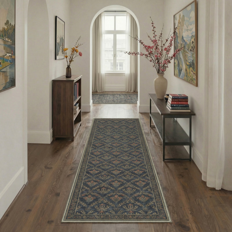 Floriana Floral Machine Washable Navy Indoor Area Rug With Non-Slip Backing, Runner 2'6" x 8'