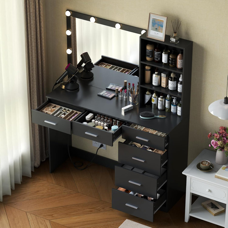 39 Inches Large Vanity Desk With 3 Light Modes, Built-In Power Strip & 6-Drawers Makeup Vanity Table, Black