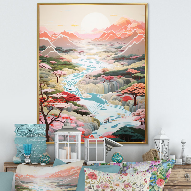 Kawaii Lakes Rivers, Pastel Dreams Landscape, impression sur toile, H 40 po x l 30 po x P 1,5 po, Cadre flottant doré