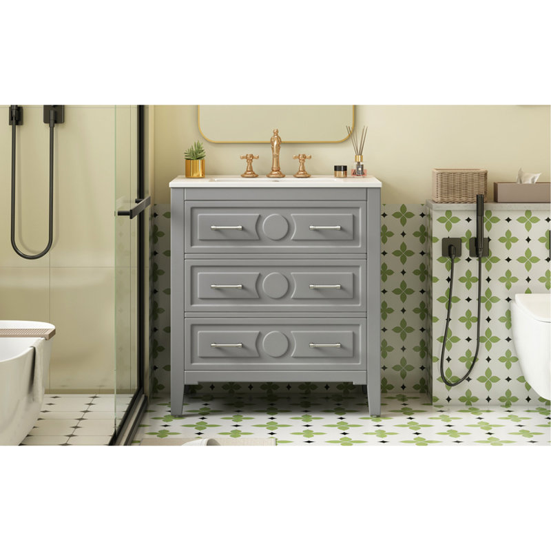 Meuble-lavabo de salle de bain avec lavabo, structure en bois massif, 3 tiroirs, finition grise, style classique, vaste espace de rangement de 30 po, rangement rétro élégant et de haute qualité, bassin pré-percé à trois trous