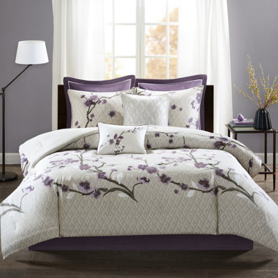 Édredon 8 pièces en coton pourpre très grand / taupe - rembourrage imprimé floral avec 2 taies décoratives européennes, coussins décoratifs, lavable à la machine