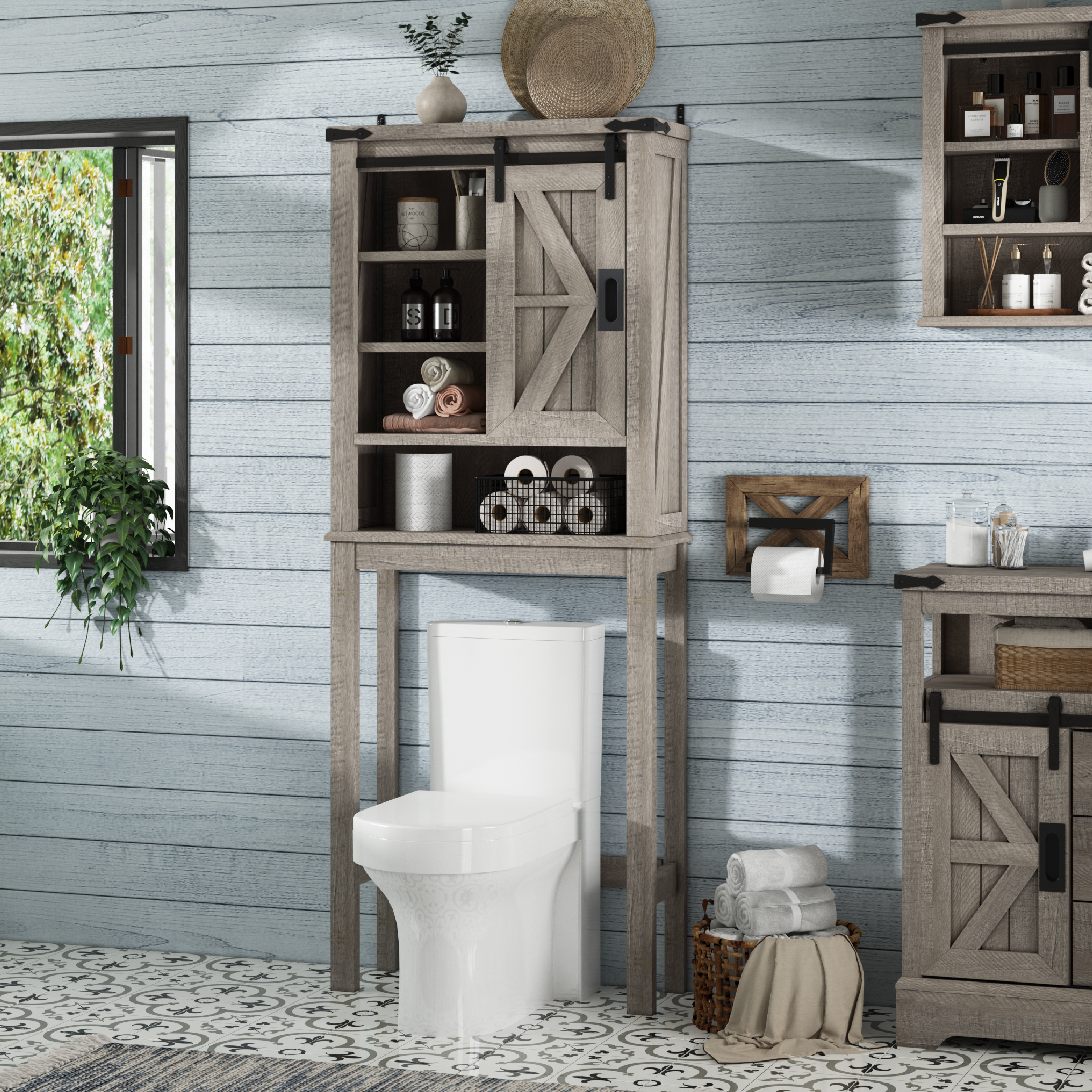 Gracie Oaks 68"H Over Toilet Storage Cabinet With Sliding Barn Door& 3 Adjustable Shelves, Farmhouse
