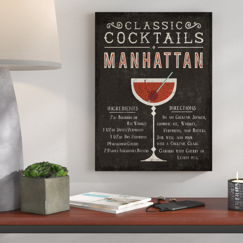 « classic cocktail manhattan », art textuel sur toile tendue, H 24 po x l 18 po x P 2 po