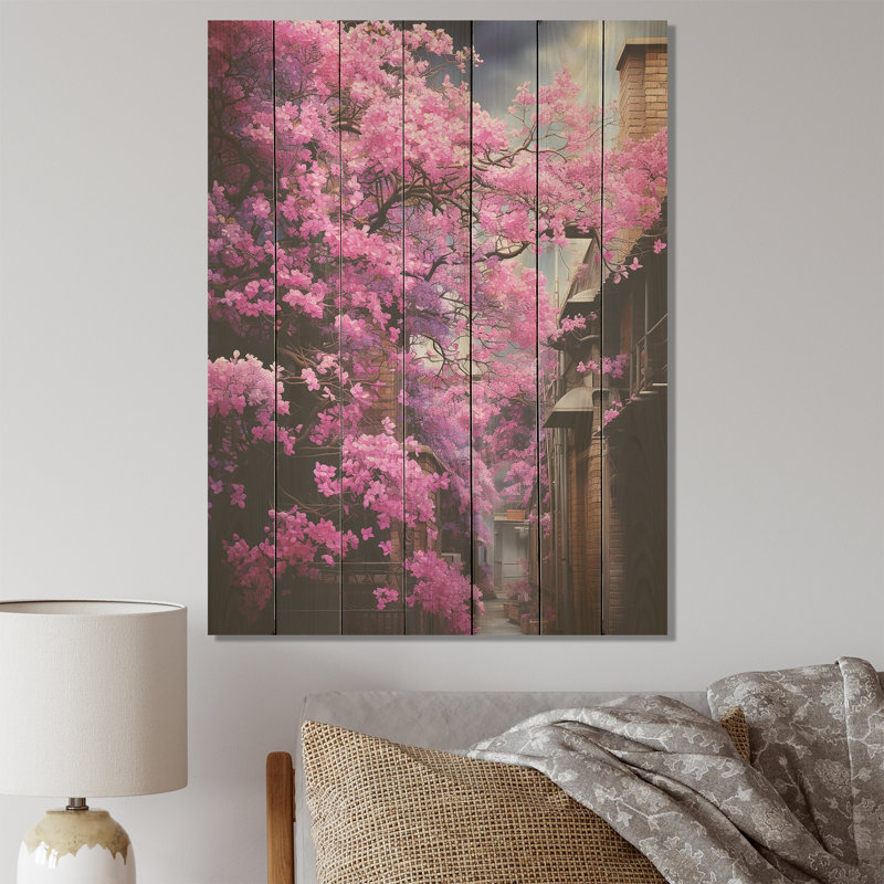 Rose konini fuchsia II - Fuschia sur bois, H 20 po x l 10 po
