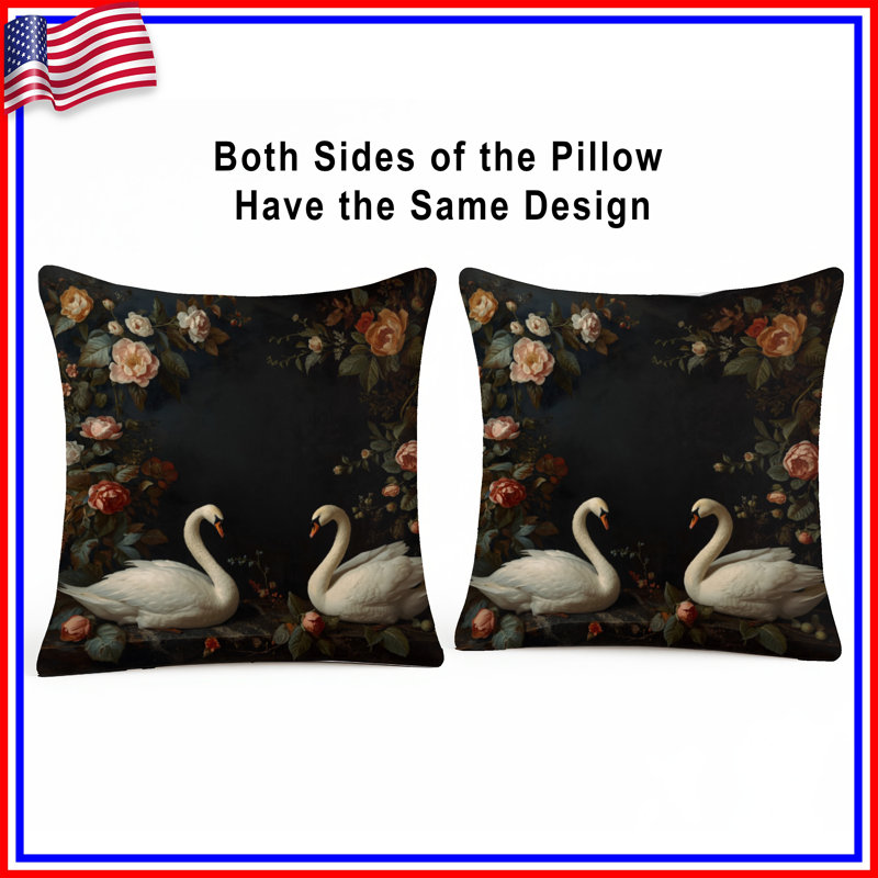 Coussins blancs avec cygnes blancs et roses, 20 x 20 pouces