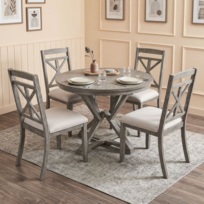 Ensemble de salle à manger extensible 5 pièces avec table ronde, rallonge et 4 chaises rembourrées pour salle à manger