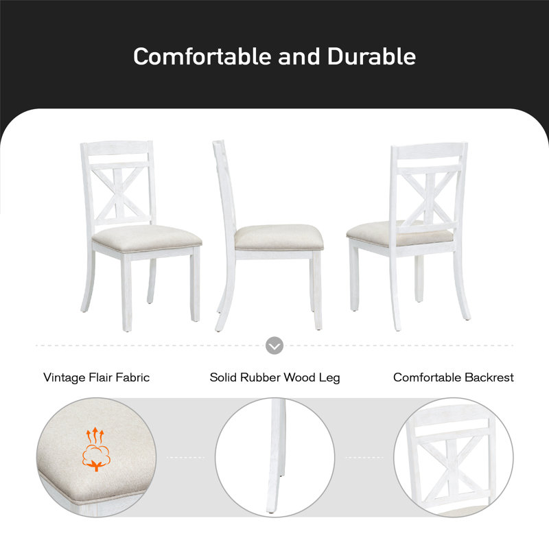 Ensemble 5 pièces de table de salle à manger rétro et extensible avec 4 chaises rembourrées, Brun, Blanc antique / beige
