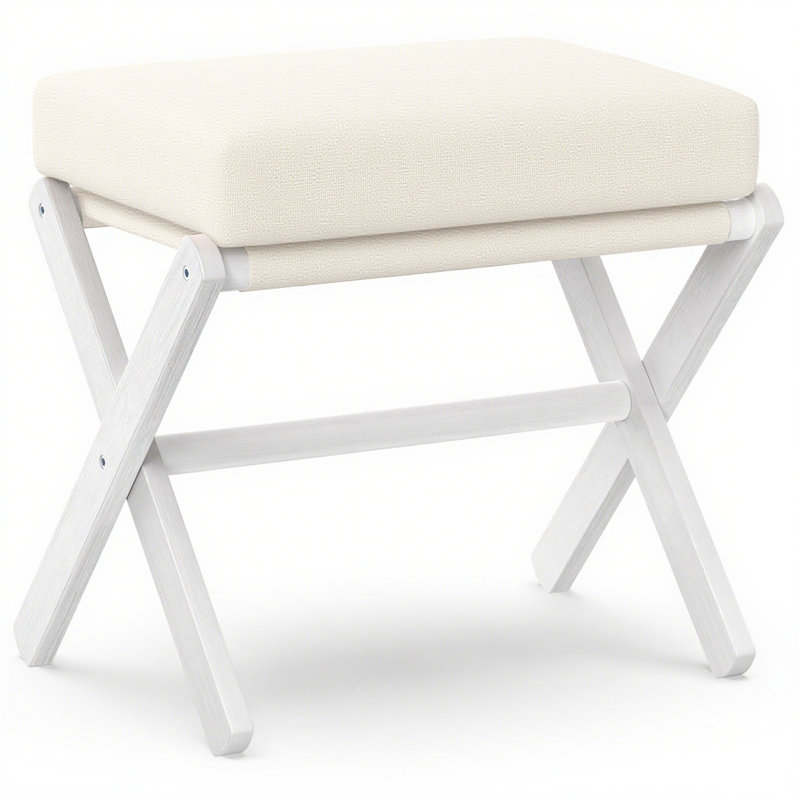 Rud Foldable Foot Stool with Soft Cushion and X Bamboo Legs, Thickened Foam Cushion Stool, White