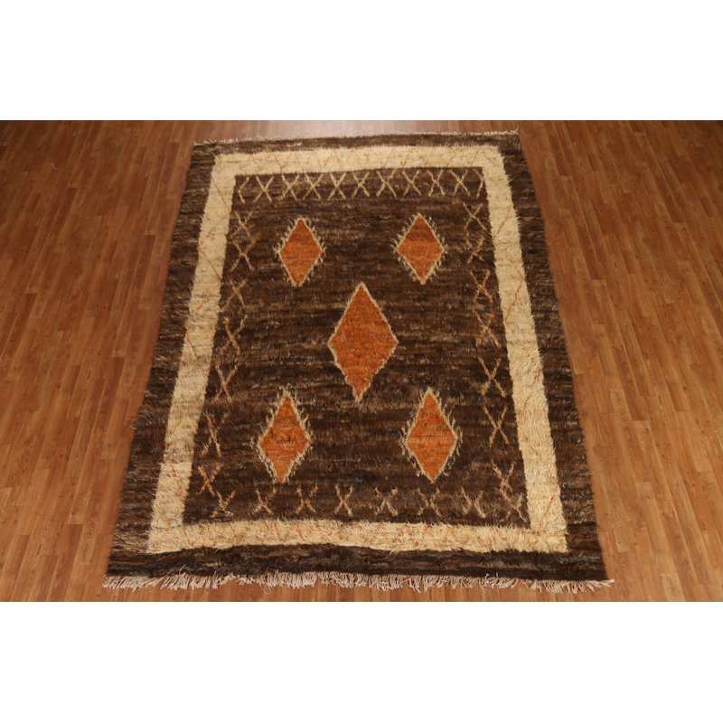 Tapis brun / beige en laine noué à la main de conception unique 7 pi 9 po x 10 pi 9 po New Age