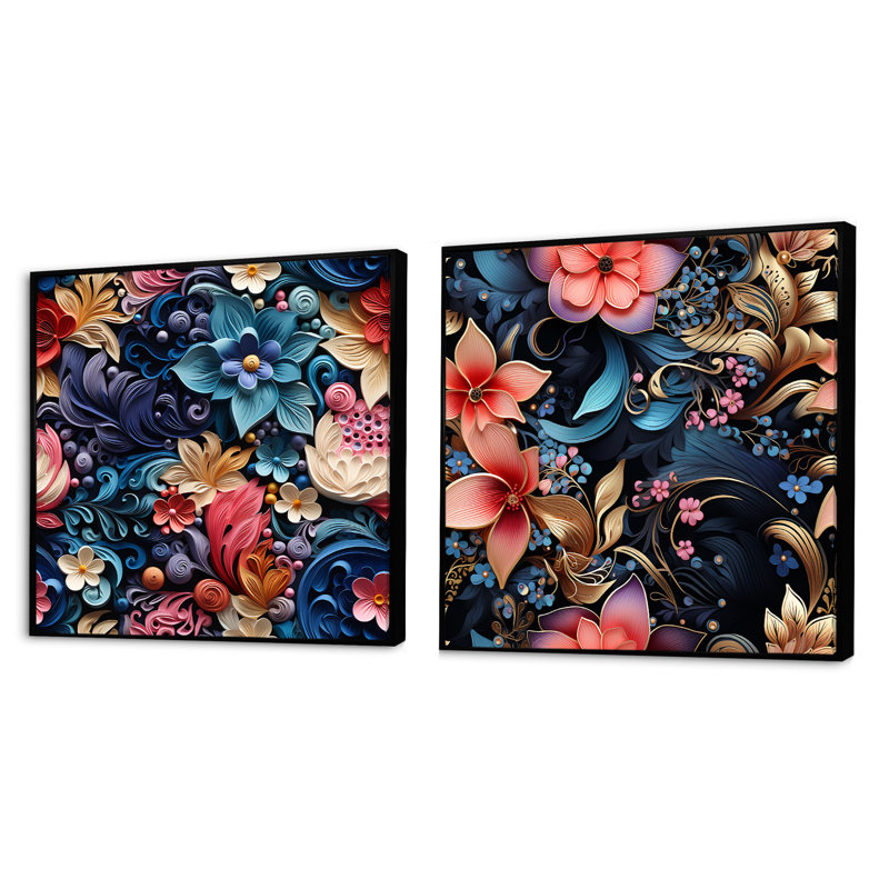 Sprimont - Ensemble de 2 collages floraux et botaniques carrés, Cadre flottant noir, H 16 po x l 33 po