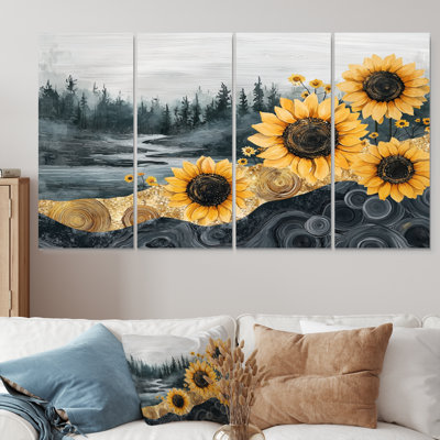 Sadia - art mural tournesols - art mural traditionnel, toile 4 pièces