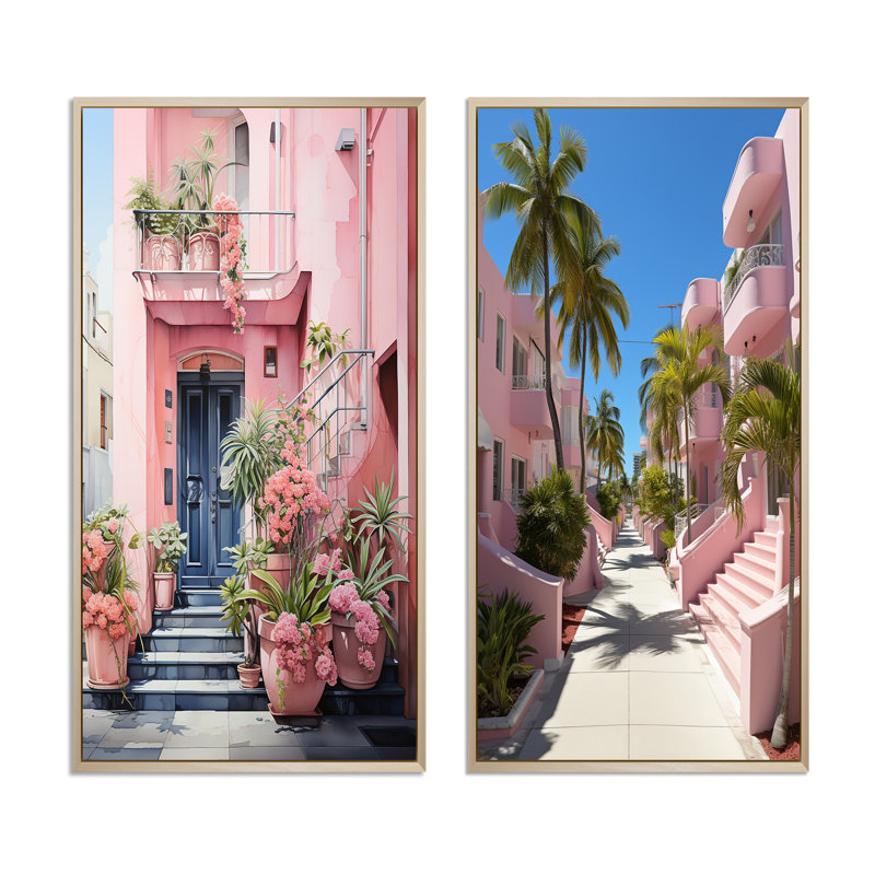 «Pink Miami Artful Facades», 2 pièces roses, H 20 po x l 24 po, Encadrement brun