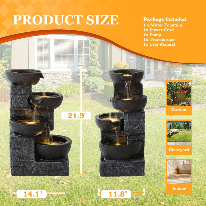 21.9" Outdoor Water Fountain With Led Lights, 4-tier Bowl And Stacked Stones Garden Fountain, Modern Cascading Waterfall Fountains For Garden, Patio, Backyard, Porch And Home Decor