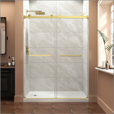 Porte de douche coulissante réversible à double dérivation à installation facile, verre trempé avec film antidéflagrant Nano