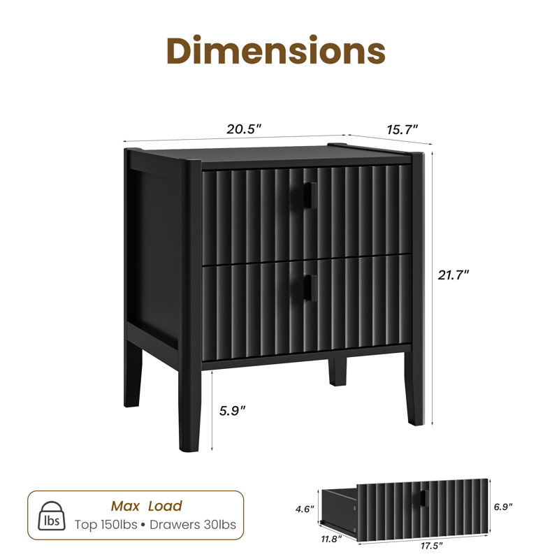Table de chevet avec 2 tiroirs (ensemble de 2), Noir