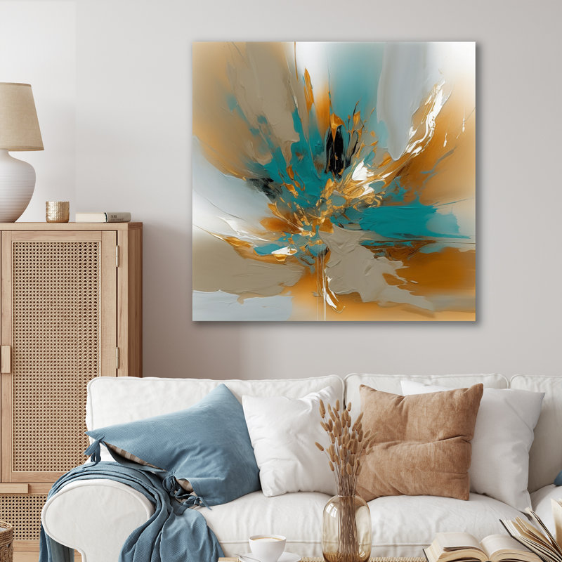 Marbre Lewellyn doré et turquoise Fuild Ink I - art mural abstrait en marbre pour le salon, Cadre photo noir