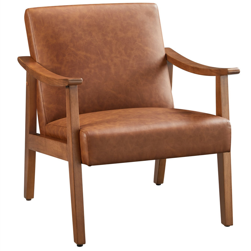 62cm Wide Faux Leather Mid-Century Modern Armchair, Upholstered Accent Chair with Solid Wood Legs, Brown, Brown
