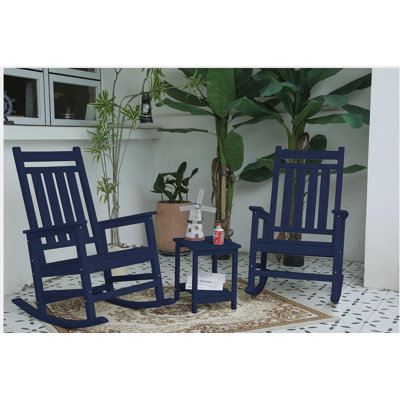 All Weather Rocking Chair Set with Side Table, 3-Piece Rocking Chair Set with Wood-Texture, Navy Blue(includes 2 Rocking Chairs and 1 Table)