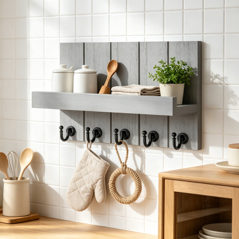 Porte-clés mural avec tablette pour le salon, organisateur de courrier rustique de ferme et tablette flottante avec crochets, décor essentiel d'appartement