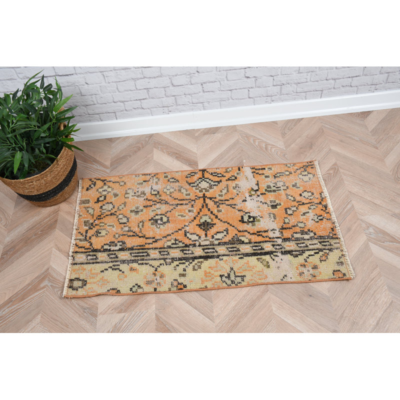 Small Vintage Turkish Anatolian Rug in Orange for Wall Hanging or Boho Style Floor Mat