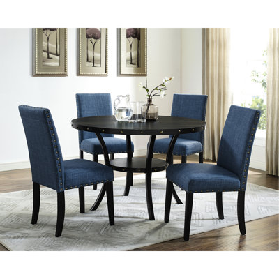 Dining With Blue Fabric Nailhead Chairs, 5 For Room, Round Wooden Table Metal Legs And Framework, 4 Chairs Linen Cotton Upholstery , Chair Nailheads, Room Furniture 4,