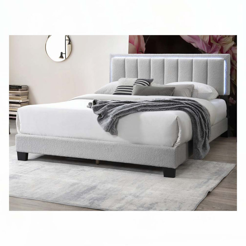 Lit de chambre à coucher tapissier double avec lit à accents en tissu gris clair, Light Gray