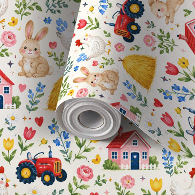 Papier peint auto-adhésif à peler et à coller - Red Farm Tractors Rabbits Cottage Wildflowers - Autocollant et amovible 17,7 po x 118 po (45 x 300 cm)