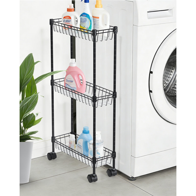 Chariot de rangement à roulettes mince en métal noir, support utilitaire réglable en acier à 3/4 niveaux avec paniers et roues verrouillables, rangement compact pour la cuisine, la salle de bain et le bureau