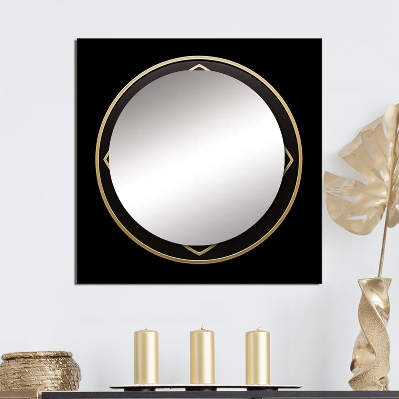 Sceau de la géométrie sacrée en or sur fond noir I - miroir carré géométrique moderne pour décoration murale, 29 po x 29 po