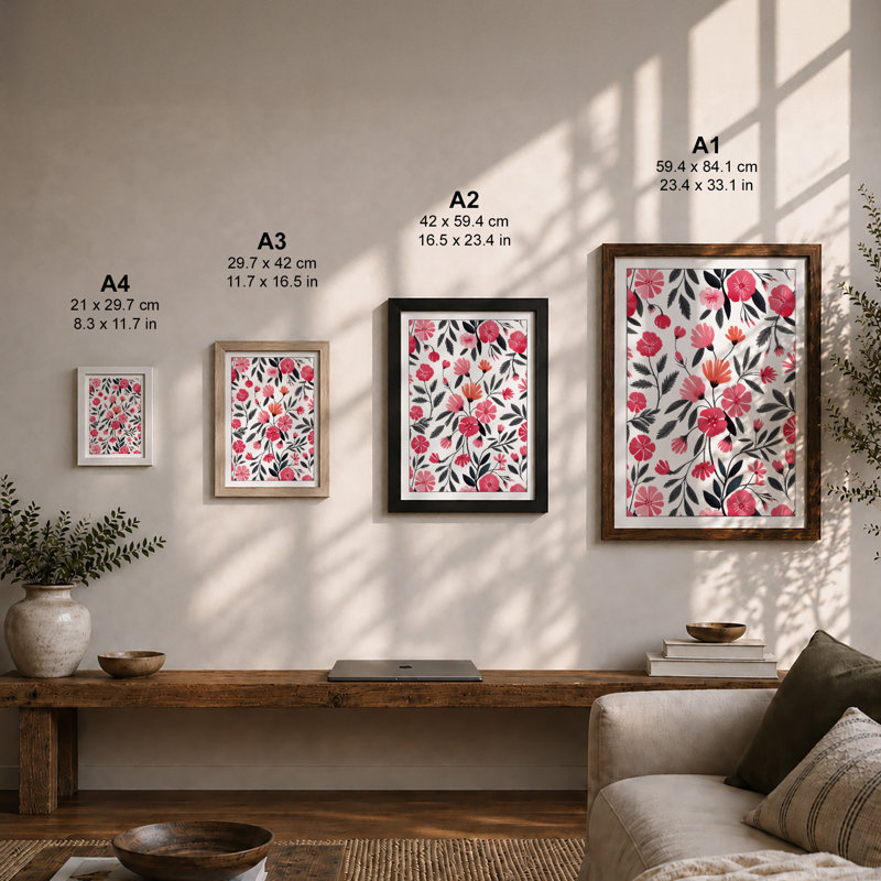 Pink Blooms Pattern Botanical - Framed Print, A4 - 29.7 x 21.0 cm, Oak
