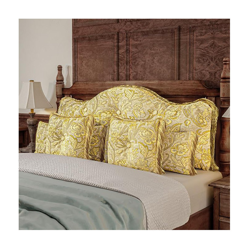 Sit-up Back Comfort Upholstered Button Tufted Headboard Set 3-Piece Chenille Luxury Printed Wall Panels Lumbar Backrest Support Bed Pillow Headboards with 2 Tassels Decorative Throw Pillows Compression