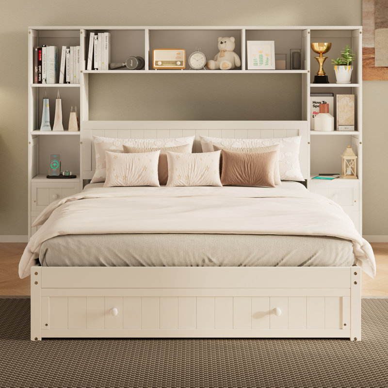 Pine Wood Platform Bed With All-In-One 2 Nightstand, Queen