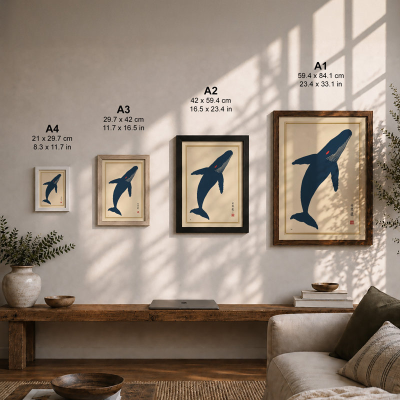 Whale in Blue Japandi - Framed Print, A4 - 29.7 x 21.0 cm, Walnut
