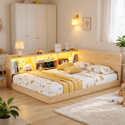 Full L-Shaped Floor Bed with Side Storage and Charging Station