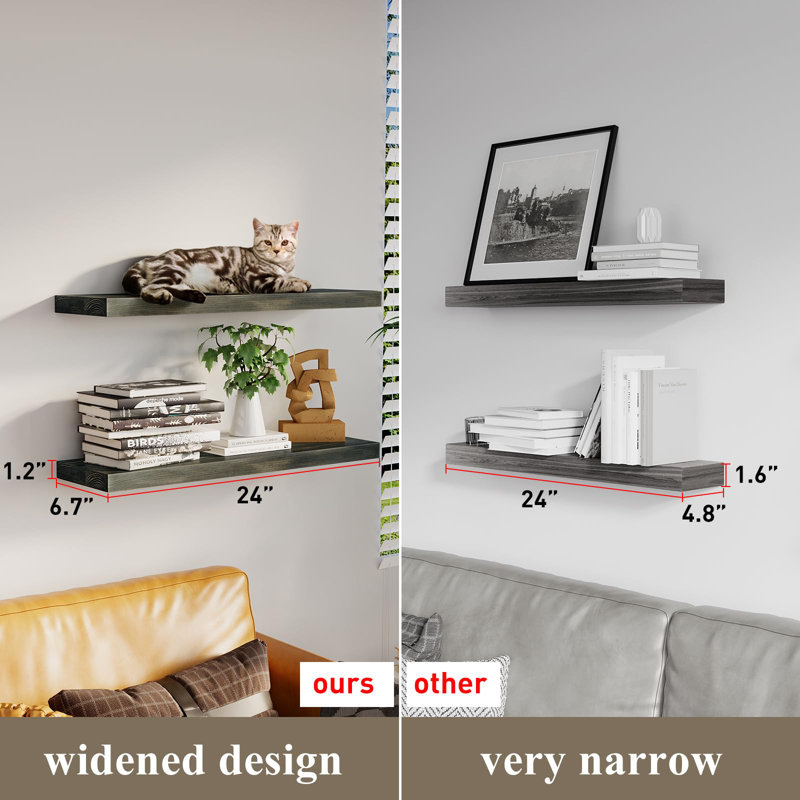 Rustic Dark Brown Pine Floating Wall Shelves, 24 Inch, Set of 2